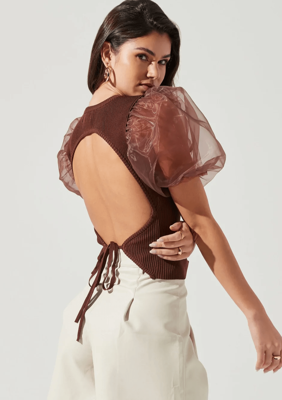 Brown Puff Sleeve Open Back Top