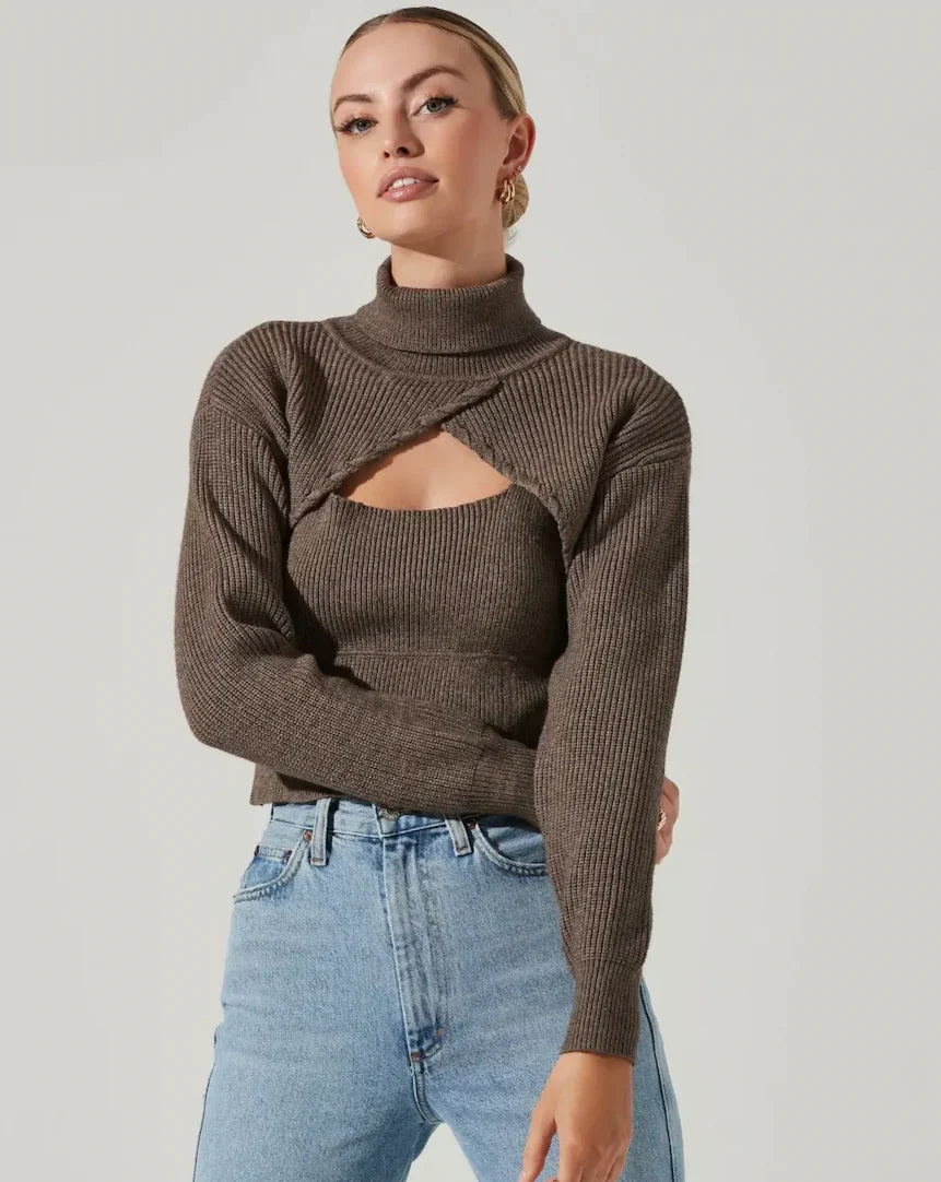 Knit Bolero Turtleneck Sweater | Taupe